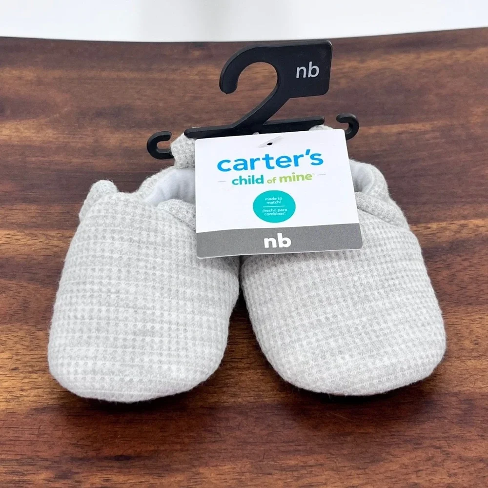 Carters Gray Booties Unisex Newborn NB Waffle Knit Soft Sole Slip On Shoes NEW
